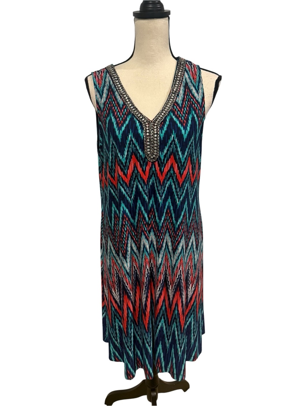 Sandra Darren Beaded Beck Dress Size 16 Navy Teal Coral Patterned Resortwear